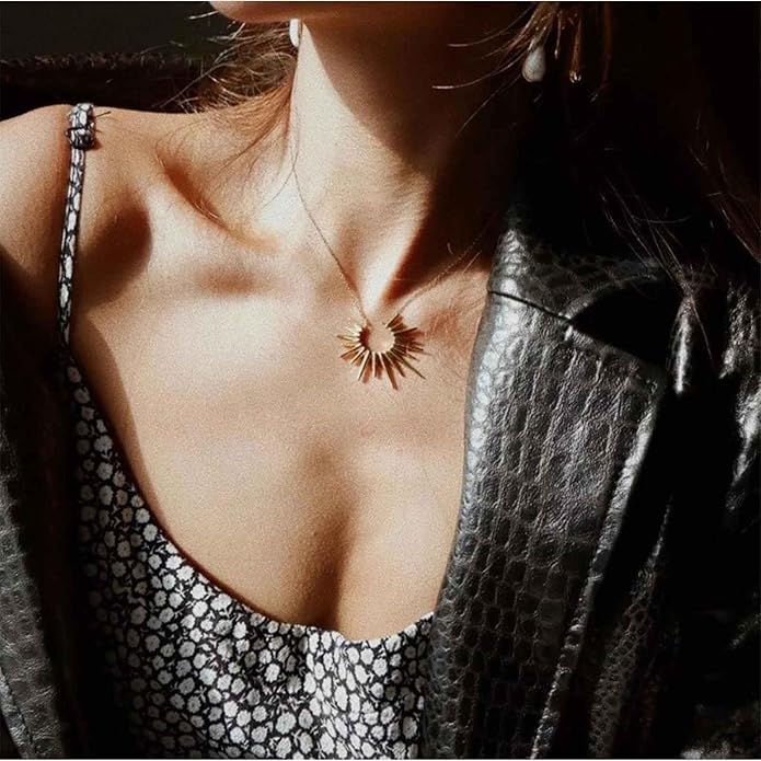 Vintage Sunburst Pendent Necklace Hollow Sunburst Necklace Moonstone Gold Sun Choker Necklace Open Sunburst Necklace Jewelry for Women (Gold)