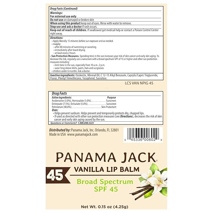 Panama Jack Sunscreen Lip Balm - SPF 45, Broad Spectrum UVA-UVB Sunscreen Protection, Prevents & Soothes Dry, Chapped Lips, Vanilla, 7-pack