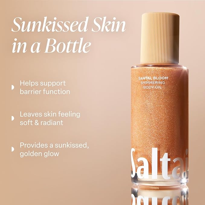 Saltair Shimmering Body Oil - Santal Bloom Scented Dry Oil Moisturizer with Light-Reflecting Pearl Pigments. Moisturizing Glow for All Skin Types - 4 Fl Oz