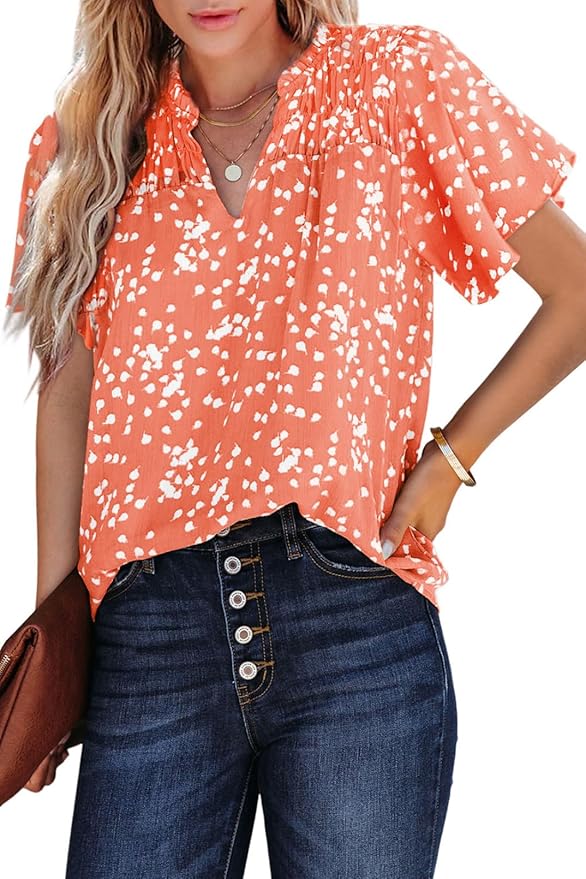 SHEWIN Women's Casual V Neck Floral Print Smocked Short Sleeve Chiffon Blouses Bohemian Top Shirts