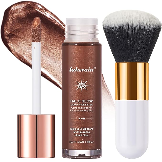 Natural Glow Liquid Filter Makeup, Longwear Face Luminizer, Complexion Booster For Any Part of the Body, Liquid Highlighter with Brush Kit, Infused Hyaluronic Acid, 1.06 fl oz (#08 RICH)
