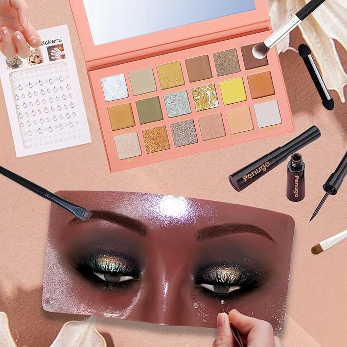 Silicone Makeup Mannequin Face, Makeup Practice Face Board for Makeup Artist Supplies, Mannequin Face for Makeup Practice with Makeup Brushes Rhinestones Sticker(Black)