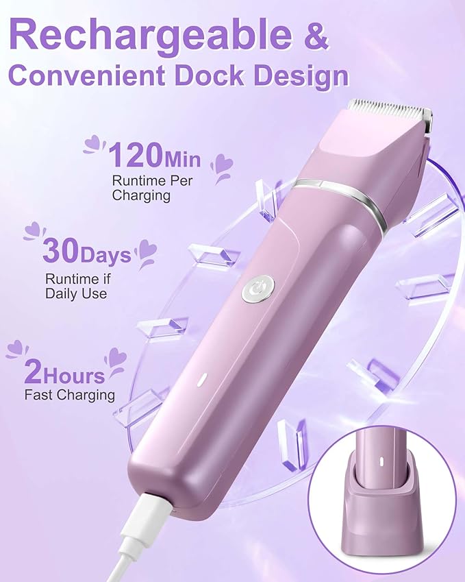 Dermave Bikini Shaver - 2 in 1 Waterproof Bikini Trimmer for Women Cordless Electric Razors for Women, Dry/Wet Use for Bikini, Armpit, Face, Rechargeable Shaver with Detachable Head, Pearl Purple