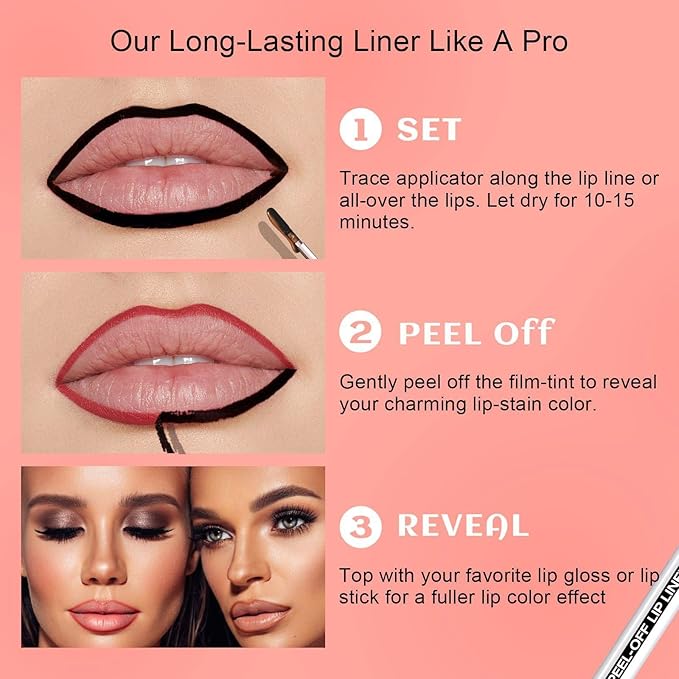 Peel Off Lip Liner Stain - Long Lasting Natural Lip Stain Transfer-proof Lip Liner, Moisturizing Waterproof Lip Gloss Stain, Highly Pigmented Color for All Skin, Ideal Gifts for Women (Coral)