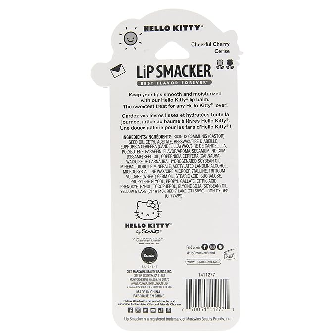 Lip Smacker Lippy Pals Sanrio Hello Kitty, Flavored Moisturizing & Smoothing Soft Shine Lip Balm, Hydrating & Protecting Fun Tasty Flavors, Cruelty-Free & Vegan - Cheerful Cherry