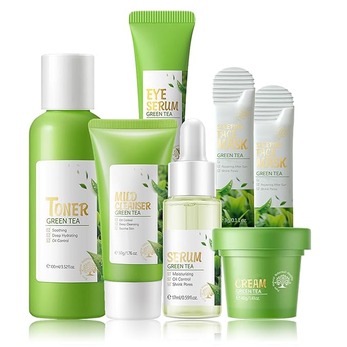 Skin Care Products Set, Green Tea Skin Care Sets, Women Gift Sets,Skin Care Routine Kit with Toner, Serum, Face Cream, Eye Cream Cleanser, Sleep Mask,Korean Beauty Products (SetD)