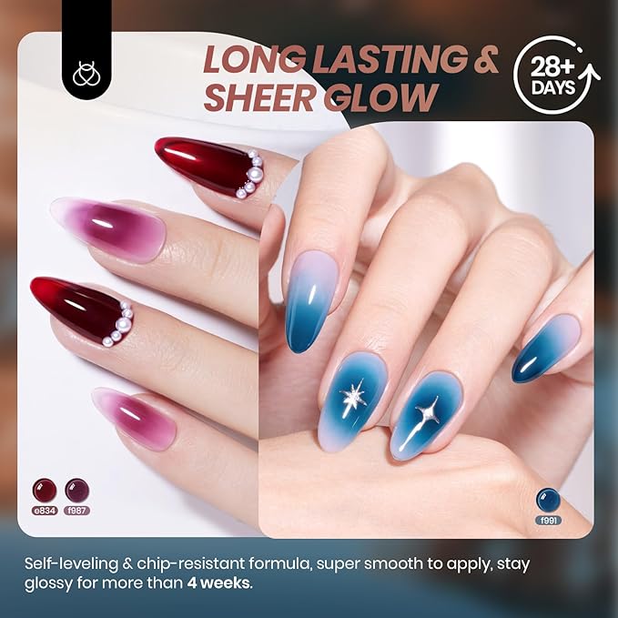 Beetles Jelly Gel Nail Polish Set - 6 Colors Mocha Brown Burgundy Red Purple Green Blue Fall Gel Polish Kit Sheer Translucent Effect Soak Off UV Midnight Syrup Nail Art Manicure Gift for Women