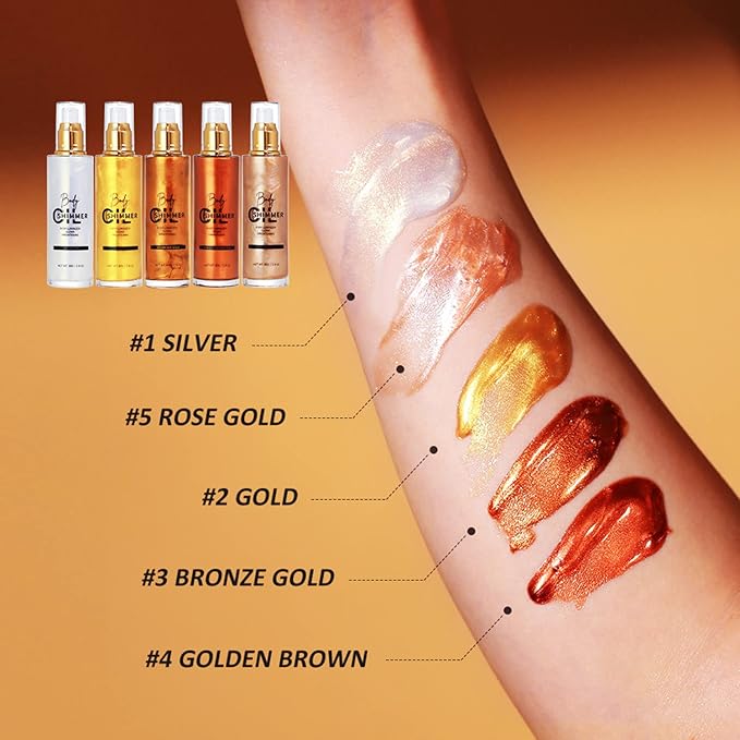 Shimmer Body Luminizer 5 Color Waterproof Smooth Face Body Glow Illuminator Non-sticky Liquid Body Highlight Illuminator for Face & Body & Leg (80 ML, 03 Bronze Gold)