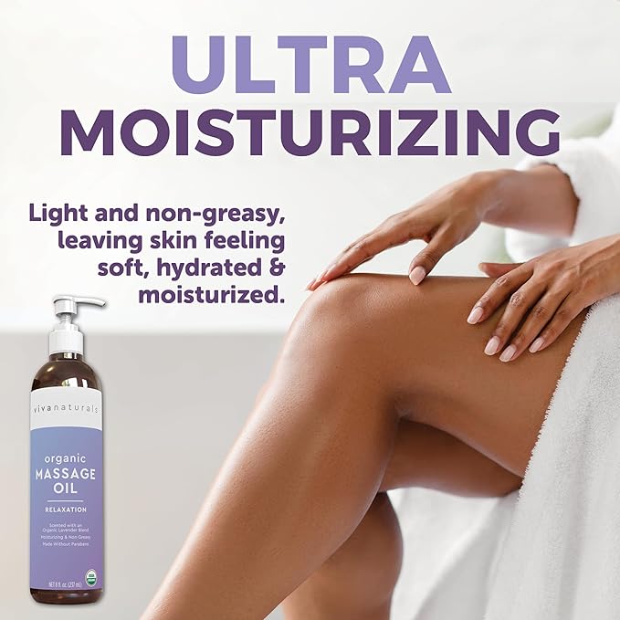 Viva Naturals Organic Massage Oil (8 fl. oz.) - Lavender Scented Non-Greasy Body Massage Oil with Mess-Free Pump, Moisturizing Massage Oils for Massage Therapy, Non-GMO and Certified Organic, 237 mL
