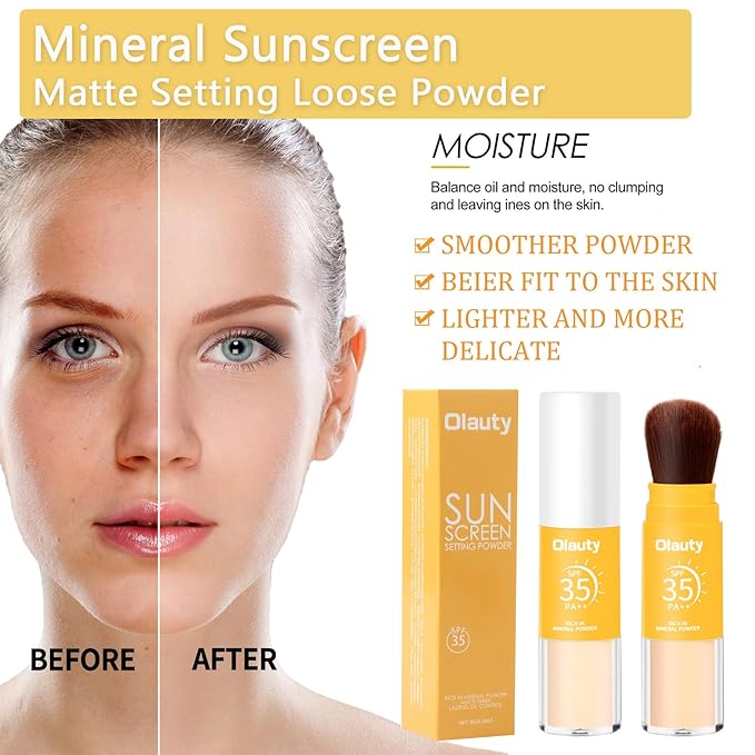 Mineral Sunscreen Setting Powder, SPF 35, Translucent Setting Brush Powder for Face, Long Lasting Oil Control Matte Loose Powder, Lightweight, Breathable (02# Medium)