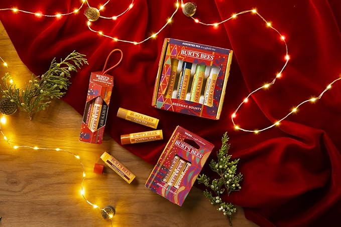 Burt's Bees Kissable Color Holiday Gift Set, 3 Lip Shimmers in Gift Box, Warm Collection in Peony, Fig & Rhubarb