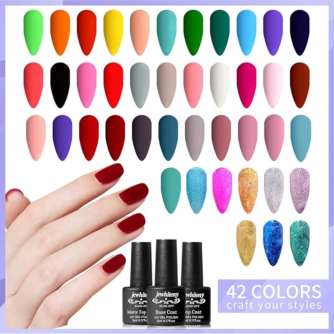 JEWHITENY 45PCS Gel Nail Polish Kit, 42 Colors 5ML Gel Polish Nude Gray Pink Blue Soak Off Glitter Nail Art Starter Kit Beauty Gifts Set for Women Girls Valentines Mother's Day Gift
