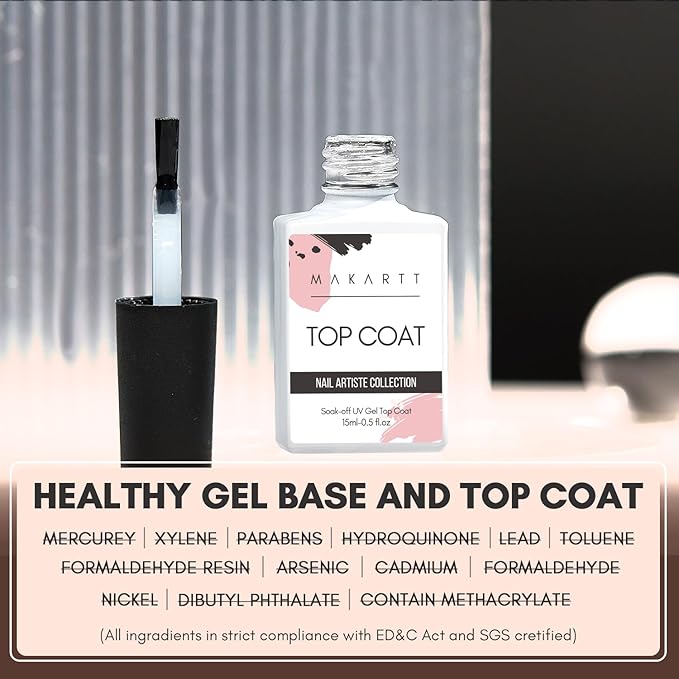 Makartt Gel Top Coat No Wipe, 15ML Clear Top Coat Gel Nail Polish, High Gloss Shine Finish Long Lasting Soak Off UV Nail Lamp Need for Acrylic Nails, Salon Quality Home DIY Manicure