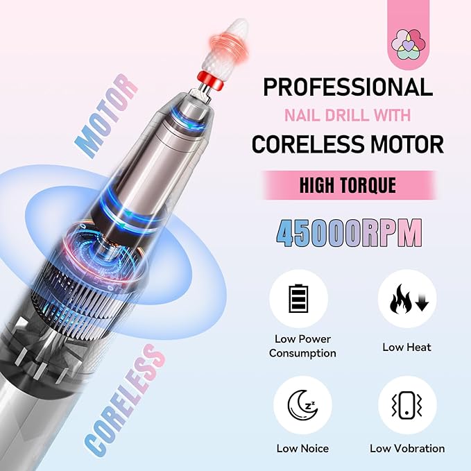 SAVILAND 45000RPM Electric Nail Drill Professional: Unique Coreless Nail File Last 15H Long Battery Life |Cordless Nail Drill for Quick Acrylic Nail Removal Ultra Quiet Salon Use Manicure Pedicure