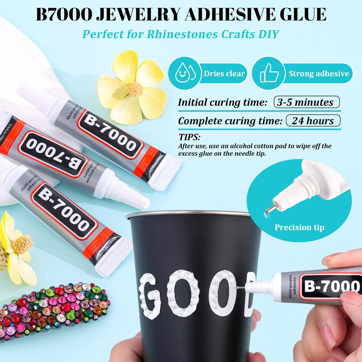 6100Pcs Resin Rhinestones for Crafting with 2Pcs 10ml B7000 Jewelry Glue, 1 Box Flatback Crystals Diamond (Transparent) for Bedazzling Crafts DIY Nail Art，Non Hotfix Gems for Clothing Shoes Tumblers