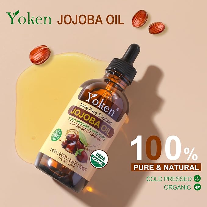 Yoken Jojoba Oil 4 fl oz EWG Verified 100% Pure Jojoba Oil Cold Pressed for Skin, Hair, Nails, Cuticles - Unrefined & Hexane Free, Natural Moisturizer Carrier oils Facial Serum for Gua Sha