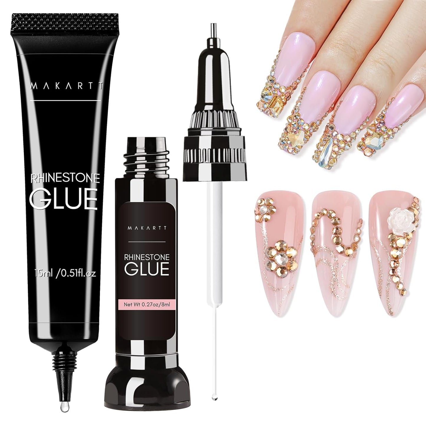 Makartt Nail Rhinestone Glue Set - Gel Nail Glue for Rhinestones, 3D Art Design Super Strong Adhesive for Charm Gems Jewel Crystal Beads Diamonds, 15ml & 8ml, Easy Use, Cured Need
