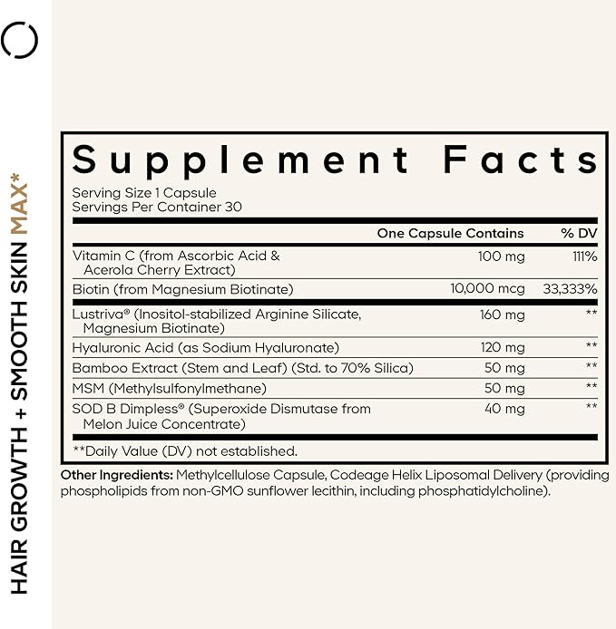 Codeage Hair Growth + Smooth Skin Max Vitamins Supplement - Patented Lustriva & SOD B Dimpless Superoxide Dismutase - Hair Growth Health Skin Cellulite Support - Biotin, Vitamin C, MSM - 30 Capsules
