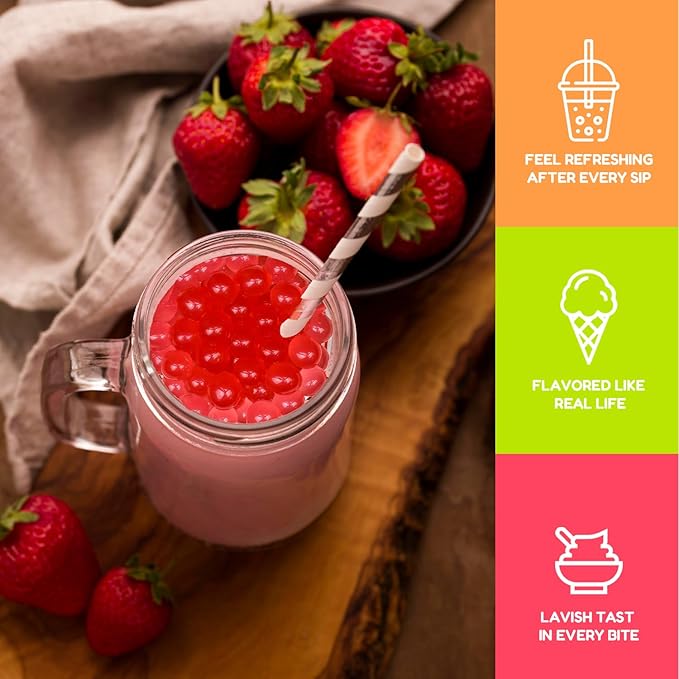 Fanale Popping Boba Pearls for Bubble Tea - 2 lb (1 lb X 2) | Strawberry | Bursting Boba Pearls Bubble 450g X 2 | Fruit Juice Flavor for Shakes, Dessert, Smoothie | FPB001-SP450 X 2