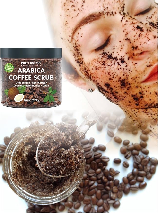 First Botany Cosmeceuticals, 100% Natural Arabica Coffee Scrub with Organic Coffee Coconut & Shea Butter Acne Anti Cellulite & Stretch Mark treatment Spider Vein Therapy, Varicose Veins Eczema, 10 oz