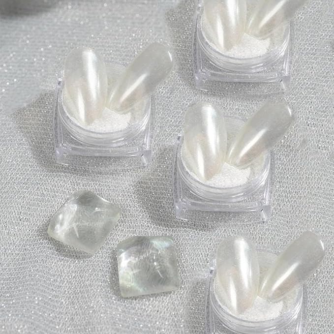 4pc Pearl Chrome Nail Powder Ice Transparent Chrome Powder for Nails, Rainbow Holographic Nail Chrome Powder for Manicure Decorations(4pc White)