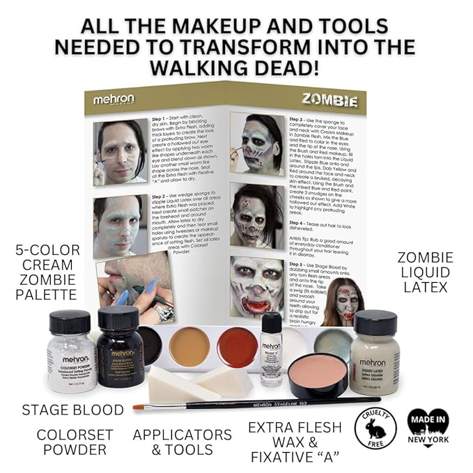 Mehron Makeup Premium Character Kits| Makeup Kits for Halloween & Cosplay| Made in the USA | Complete Makeup Kit | Includes all Makeup, Tools, & Instructions on How to Create the Look | (Zombie)