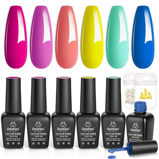 Beetles Gel Nail Polish Set, 6 Colors Bright Rainbow Nail Art Orange Blue Pink Green Neon Gel Polish Kit Soak Off UV Gel DIY Nail Art for Women Pool Party Holiday Manicure