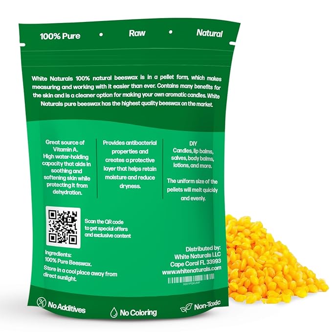 Yellow Beeswax Pellets 8oz, Pure, Natural, Cosmetic Grade, Bees Wax Pastilles, Triple Filtered, Great For DIY Lip Balms, Lotions, Candles By White Naturals