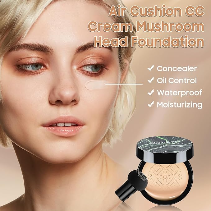 Air Cushion CC Cream Foundation - Mushroom Head BB Creams, Long Lasting Concealing Brightening, Moisturizer Face Cream,Facial Skin Care Makeup For All Skin Types (Buff Beige)
