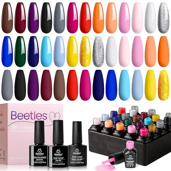 Beetles Fall Gel Nail Polish Set - 20 Pcs Neon Nail Gel Polish Set Soak Off Uv LED Gold Sliver Glitter Nail Polish Kit Blue Pink Black White Uv for Nail Art Salon Gift for Women