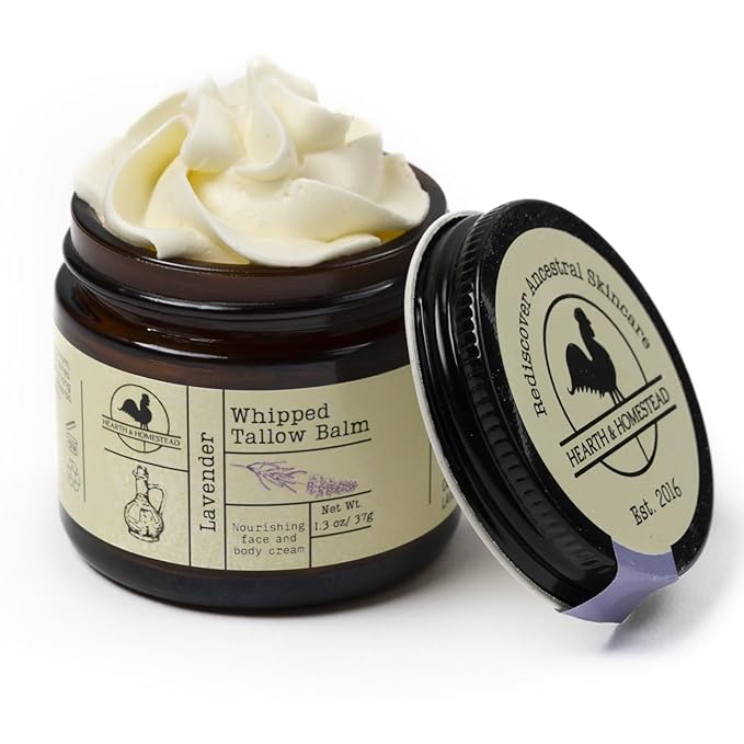 Handmade Whipped Tallow Balm, Organic, Moisturizer, Body Butter with Infused Olive Oil, for Eczema, Rosacea, Baby (Lavender)