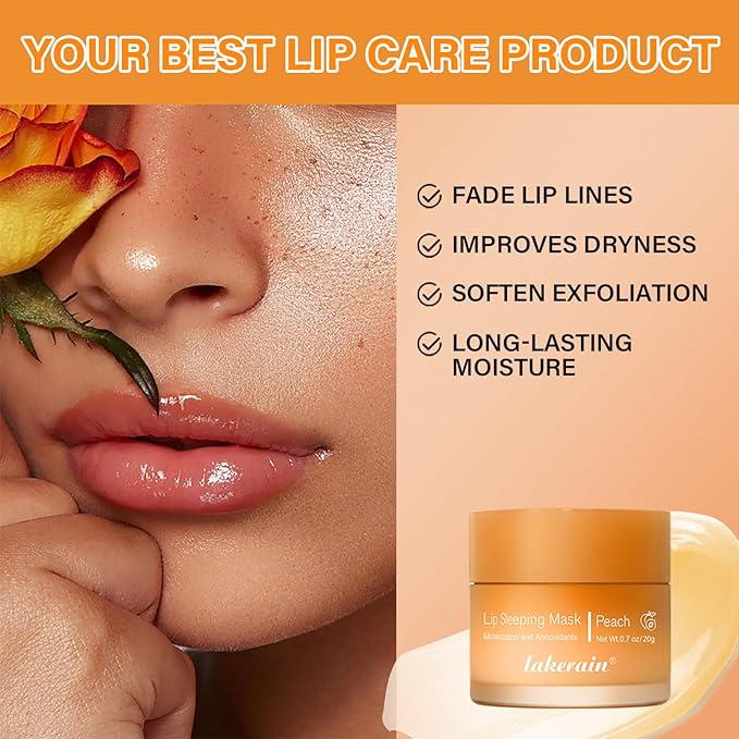 Hydrating Lip Sleeping Mask - Day and Night Repair Lip Balm for Chapped Dry Lips - Reduce Lip Lines, Enhance Lip Color, Hydrate & Plump Lips Care Lip Mask (Peach)