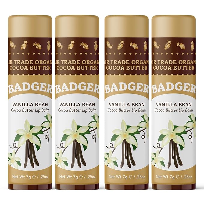 Badger Vanilla Bean Cocoa Butter Lip Balm, Long Lasting Hydrating Lip Care, 100% Organic Lip Balm, Large Size Stick, 4-pack