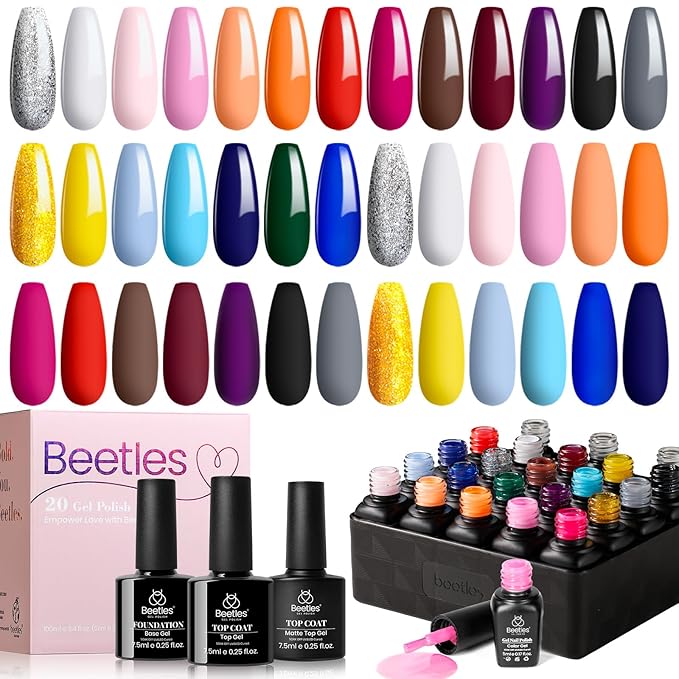 Beetles Fall Gel Nail Polish Set - 20 Pcs Neon Nail Gel Polish Set Soak Off Uv LED Gold Sliver Glitter Nail Polish Kit Blue Pink Black White Uv for Nail Art Salon Gift for Women