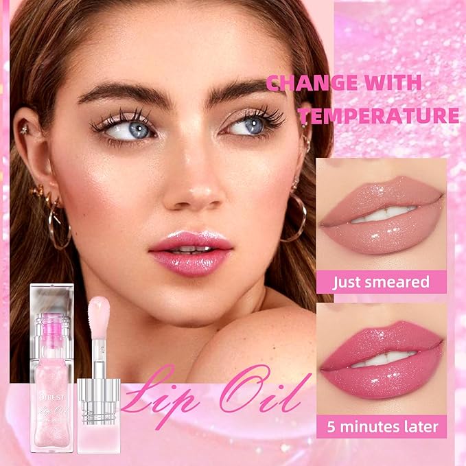Magic Color Changing Moisturizing Lip Glow Oil + Plumping Lipstick, Hydrating Lip Gloss Balm, Transparent Lip Care, Non-Sticky Fresh Texture Lip Oil (Clear to Pink)