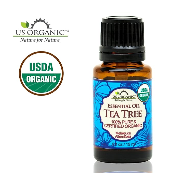 US Organic 100% Pure Tea Tree Essential Oil, Steam Distilled, USDA Certified Organic, for Hair, Skin, Scalp, Foot, Toenails, and More. Sourced from South Africa, Undiluted, Non-GMO (15 ml)