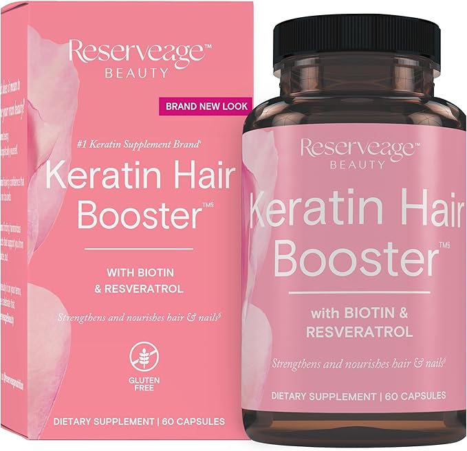 Reserveage Beauty, Keratin Hair Booster with Biotin & Resveratrol, Hair and Nail Growth Supplement for Men and Women, Supports Healthy Thickness and Shine with Biotin, 60 Capsules (30 Servings)