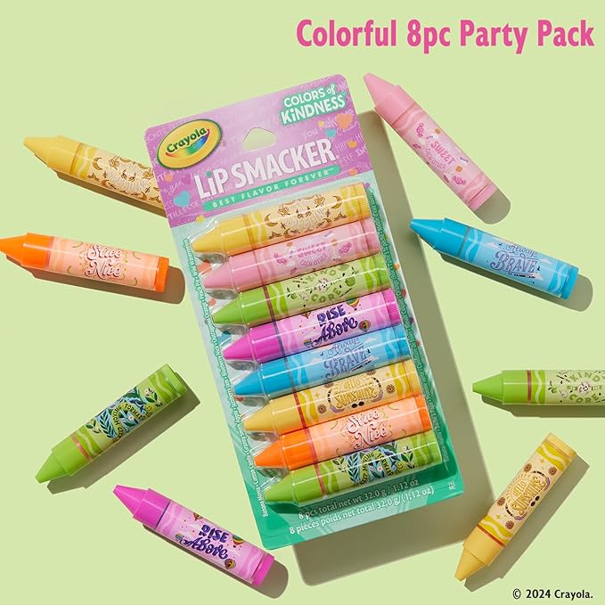 Lip Smacker Crayola Party Pack - 8 Moisturizing Lip Balms, Hydrating & Protecting, Fun Flavors, Glossy Finish, Cruelty-Free - Color of Kindness