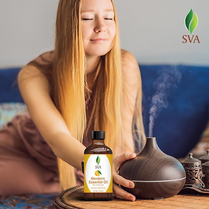 SVA Mandarin Essential Oil – 4 Fl Oz – 100% Natural Mandarin Oil - for Diffuser, Hair Care, Face, Skin Care, Aromatherapy, Scalp and Body Massage, Soap and Candle Making – with Dropper