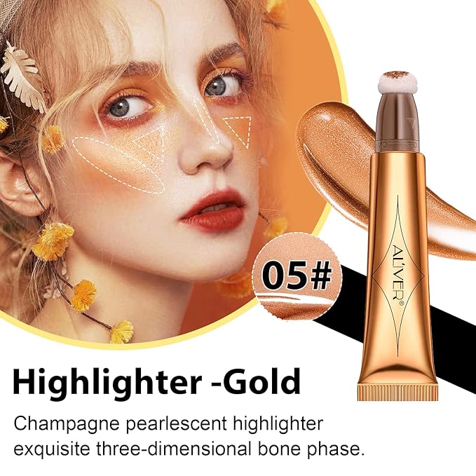 Liquid Highlighter Beauty Wand, Highlight Bronzer Stick with Cushion Applicator, Smooth Shimmer Finish, Lightweight Silky Cream Face Makeup Stick,Cruelty-free (Gold)