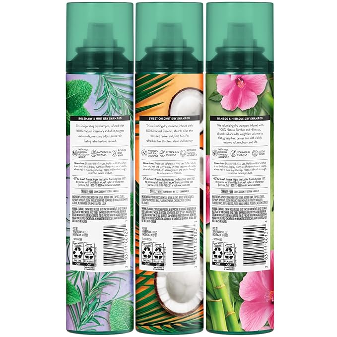 Suave+ Dry Shampoo Spray Variety 3-Pack – Invigorating Rosemary & Mint, Volumizing Bamboo & Hibiscus + Refreshing Sweet Coconut, 4.3 Oz Ea