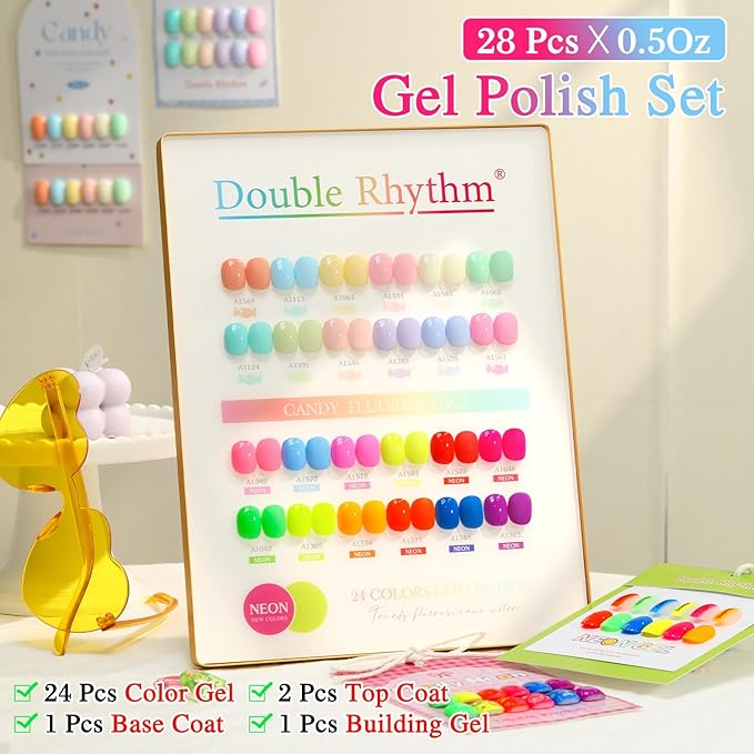 Double Rhythm 28Pcs 0.5Oz Gel Nail Polish Set Same Color Same Bottle Soak Off Gel Polish Kit Nail Art Manicure Salon DIY at Home for Women (Candy Neon Collection-T24-6)