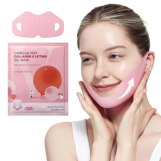 ROUND LAB Camellia Deep Collagen V Lifting Gel Mask 1ea | Double-chin Mask, Instant Cooling & Depuffing, Face Toning Belt, Collagen V-line, Improves Sagging Skin, Lifting & Firming 10g/0.35oz