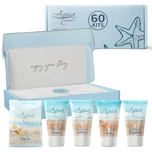 Aqua Organics Amenity Kit|Boxed Hotel Toiletries|Bulk Set 1 oz Travel Size Shampoo, Conditioner, Lotion, Body Wash & Bar Soap for Guest Hospitality AirBnB/Vacation Rentals|300 Pieces