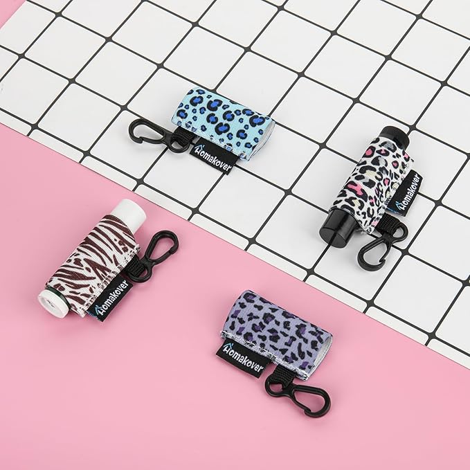 4 Pack Keychain Chapstick Holder, Leopard Pattern - Elastic Band, Fits Most Standard Lip Balm, Quick-Release Clip, Unisex-Adults