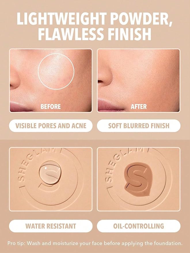 SHEGLAM SKin-Focus Full Coverage Powder Foundation Oil-Control Lightweight Face Pressed Powder Makeup-Almond