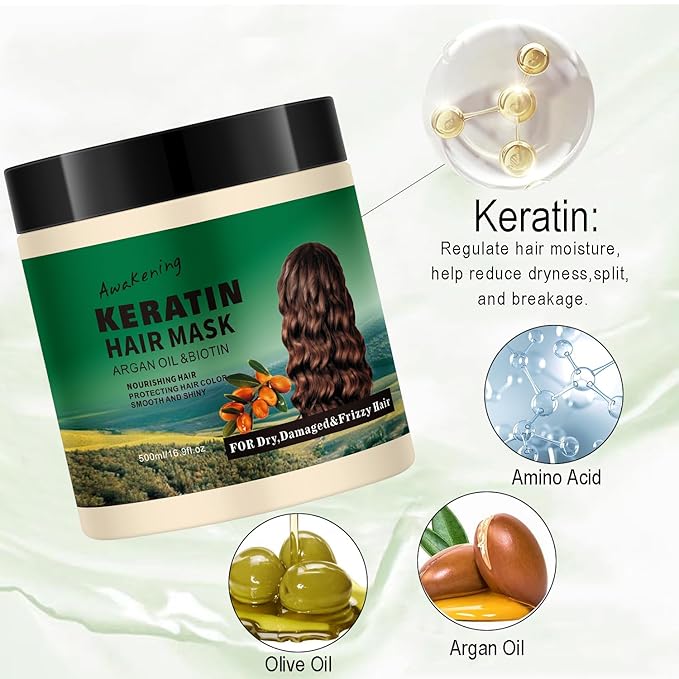 Hair Mask Deep Treatment Conditioner Collagen Protein Argan Oil Biotin Repair For Dry Damaged Frizzy Curly All Hair Types(16.9 Fl Oz/500ml) (keratin)