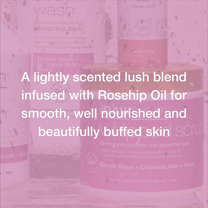 Raw Sugar Beach Rose + Coconut Milk + Shea Body Love Bundle - Sensitive Skin Body Wash, Body Scrub & Deodorant, Clean Ingredients, Formulated without Sulfates and Parabens