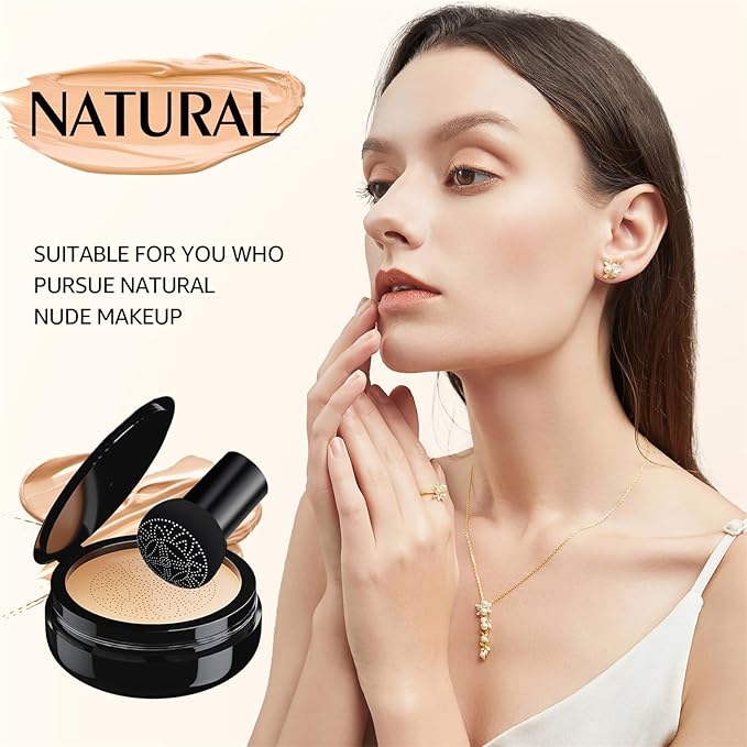 Mushroom Head Air Cushion CC Cream - Oil Control & Moisturizing Concealer Makeup Base, Brighten Long - Lasting Even Color Correcting Concealer Full Coverage for All Skin Types (Natural)
