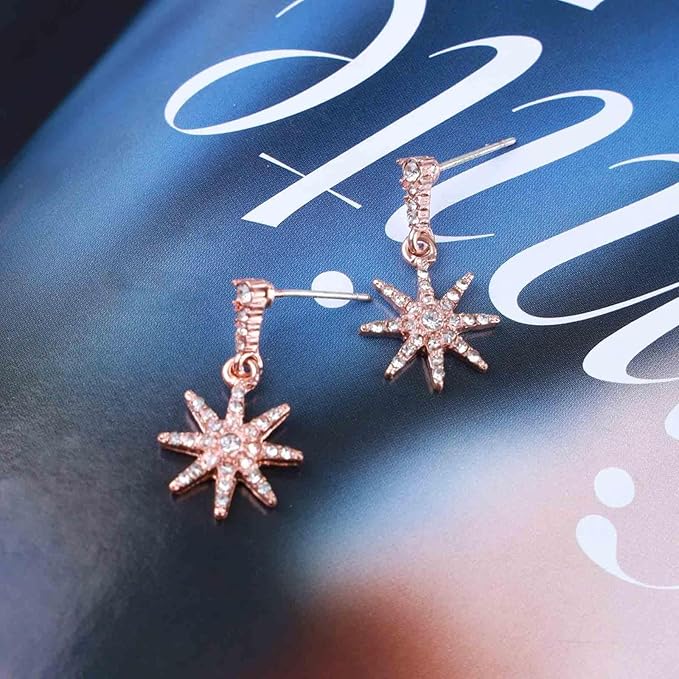Boho Crystal Sunburst Earrings Rose Gold Star Drop Stud Earrings Cz Paved Starbust Earrings Celestial Earrings Jewelry for Women and Girls